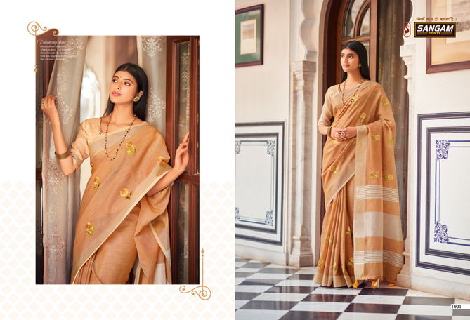 Sangam Nagma Linen Fancy Function Wear Heavy Stylish Embroidered Sarees Collection